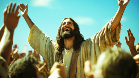 Jesus Christ is joyfully raising his arms towards the sky, embodying peace and divine love.の素材
