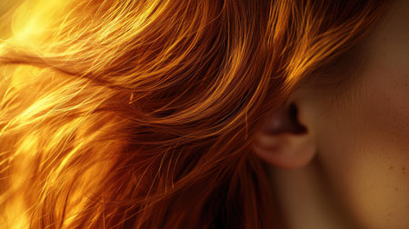 A detailed close-up of vibrant, fiery red hair illuminated by warm, golden light, highlighting natural texture and beauty.の素材