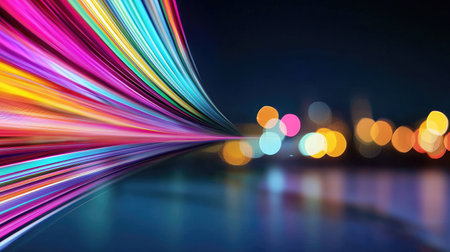 Vibrant laser light streaks overlay a blurred cityscape bokeh, creating a dynamic and visually striking abstract scene at night.の素材