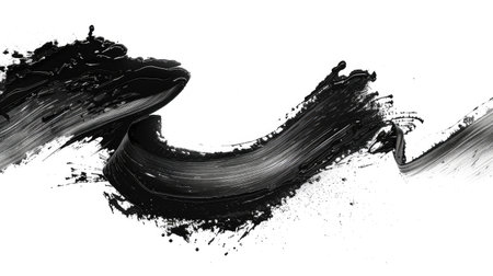 A dynamic Asian brush stroke in black ink with splashes, isolated on a white background, creating an energetic and expressive artistic effect.の素材