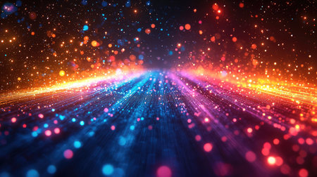 A mesmerizing abstract display featuring vibrant, colorful light particles that create a dynamic and visually captivating atmosphere.の素材