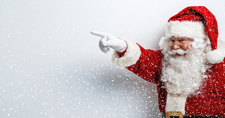 Santa Claus in festive attire points to the side, framed by a snowy white background, perfect for seasonal promotions.の素材