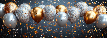 A collection of gold and silver balloons with confetti, perfect for festive celebrations such as New Year, Christmas, birthdays, and weddings.の素材