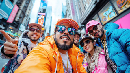 A vibrant group of diverse young adults shares laughter in an urban setting.の素材