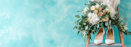 Wedding bouquet, shoes, and accessories elegantly displayed on a blue textured background.の素材