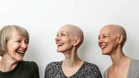Three bald female cancer patients share a joyful moment, smiling together against a white background.の素材