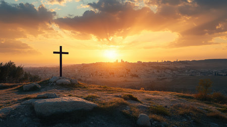A dramatic silhouette of a cross at sunset over Jerusalem, symbolizing faith and resurrection.の素材
