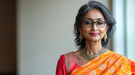 A senior Indian woman in a traditional saree, adorned with golden jewelry.の素材