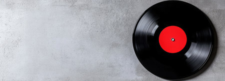 A single vinyl record with a red label on a light gray background, offering ample copy space.の素材