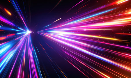 A vibrant abstract image featuring colorful neon light rays creating a dynamic burst of speed and energy.の素材