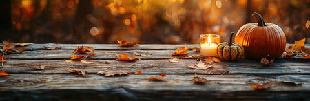 A rustic wooden tabletop featuring a pumpkin and candle surrounded by autumn leaves, perfect for Halloween and Thanksgiving displays.の素材