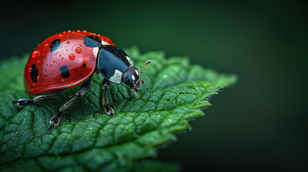 A striking red ladybug contrasts against the vibrant green of a leaf in sharp macro detail.の素材