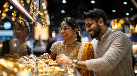 Two Indian couples happily explore options at a luxury jewelry store.の素材