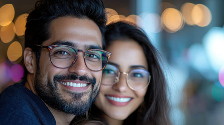 An Indian couple with joyful expressions sharing a close moment in a cozy environment.の素材