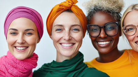 A joyful gathering of diverse women wearing fashionable headscarves and sharing smiles.の素材
