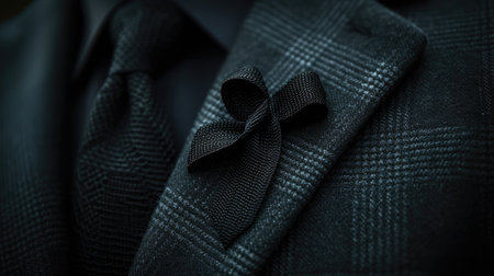 A detailed close-up of a black mourning ribbon pinned to dark fabric, symbolizing grief and remembrance for funeral occasions.の素材