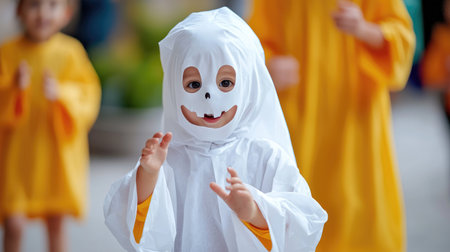 Joyful children dressed as ghosts and pumpkins celebrate Halloween with lively spirit and fun.の素材