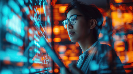 A dynamic close-up portrait of a tech innovator analyzing data on multiple digital screens, showing advanced technology and innovation.の素材