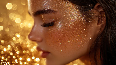 A close-up portrait of a woman with glittering gold makeup, framed by warm bokeh lights, radiating glamor and elegance.の素材