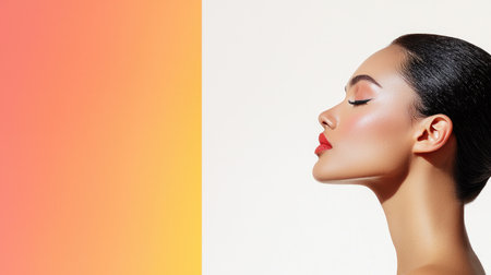 A striking side profile of an elegant woman featuring bold makeup against a vibrant gradient backdrop.の素材