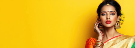 Indian woman in a vibrant saree poses with ornate kundan jewelryの素材