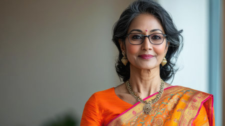 A senior Indian woman in a traditional saree, adorned with golden jewelry.の素材