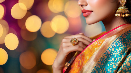 Young Indian woman adorned in traditional lehenga and golden jewelry celebrates Diwali.の素材
