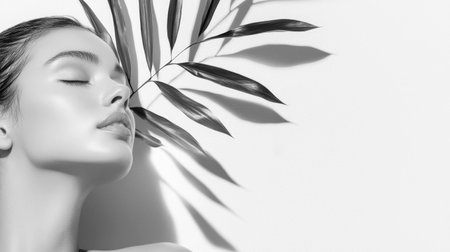 A beautiful young woman with perfect skin relaxes under a green leaf, embodying tranquility and wellness.の素材