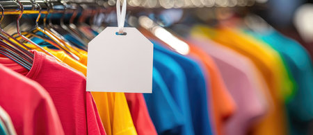 A vibrant display of colorful t-shirts featuring a blank price tag for easy brandingの素材