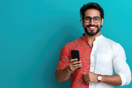A stylish Indian man wearing a traditional yet casual outfit smiles while using his smartphone for online shopping during Diwali.の素材