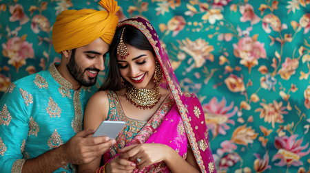 An elegant Indian couple in traditional festive clothing enjoying online shopping together on their smartphones during Diwali. A.I.の素材