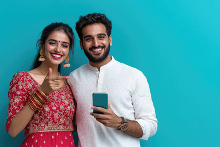 A joyous Indian couple in traditional attire celebrates Diwali with online shopping offers.の素材
