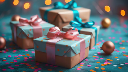 Festive arrangement of colorful gift boxes with bows surrounded by vibrant confetti, perfect for holiday celebrations.の素材