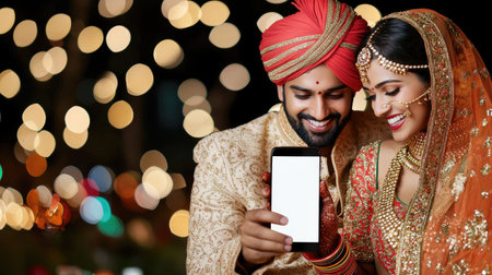An Indian couple in festive traditional clothing celebrates Diwali with online shopping offers.の素材