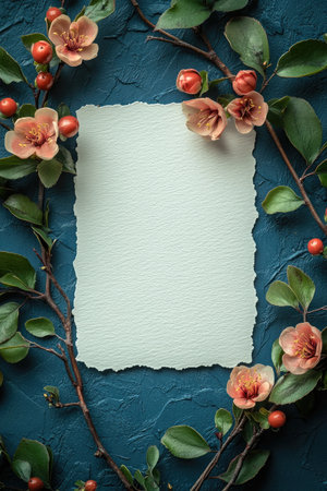 Elegant blank wedding invitations surrounded by vibrant floral arrangements on textured backgrounds.の素材