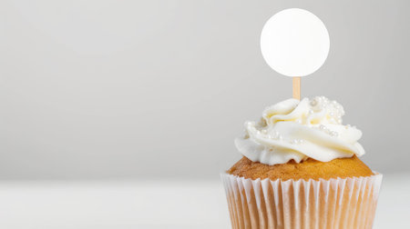 A single cupcake with creamy white icing, topped with a blank circular mockup.の素材