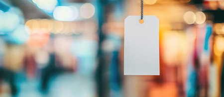 A blank white tag mockup hangs in a retail store, perfect for branding or pricing concepts.の素材