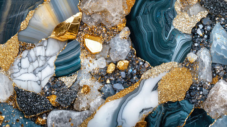 A luxurious background featuring layered marble, pearls, and glittering gold with sparkling stones and elegant textures.の素材