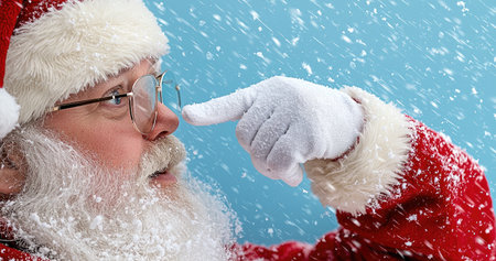 Santa Claus, covered in snowflakes, points sideways against a vibrant blue snowy backdrop.の素材