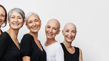 Diverse female cancer patients, including one bald, smile together against a white background.の素材