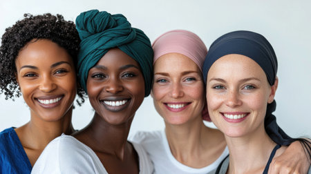 Four joyful multiracial women in colorful headscarves embrace, showcasing unity and happiness.の素材