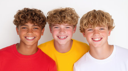 A heartwarming portrait of three young boys smiling joyfully, dressed in vibrant red, yellow, and white t-shirts.の素材