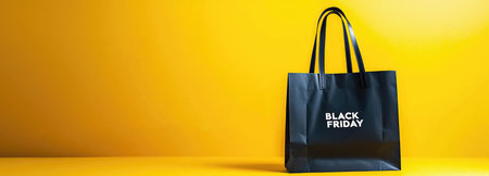Black tote bag with Black Friday text against a striking yellow background, perfect for seasonal promotions.の素材