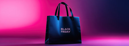 Black tote bag highlighted by neon pink glow, perfect for Black Friday promotional campaigns.の素材