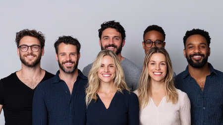 A close-knit team of diverse young professionals smiling, symbolizing effective collaboration and unity.の素材