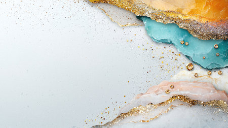 A high-end luxury background featuring layered marble, gold, and sparkling diamonds with glitter accents.の素材