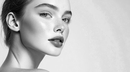 Close-up portrait of a young woman showing flawless skin and natural makeup, ideal for wellness and beauty themes.の素材
