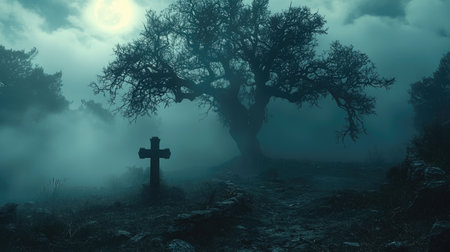 A ghostly graveyard scene under a pale moonlight, enveloped in fog with twisted trees, creates a perfect backdrop for a chilling Halloween night.の素材