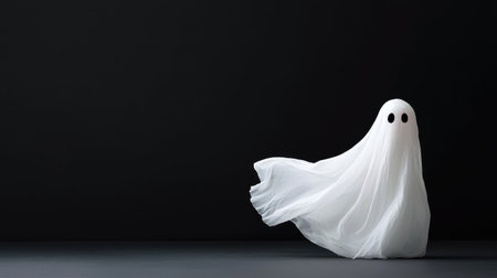 A ghostly figure shrouded in white floats eerily against a dark backdrop, perfect for Halloween.の素材