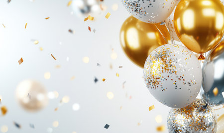 A glamorous scene of gold and silver balloons surrounded by falling confetti, perfect for festive occasions.の素材